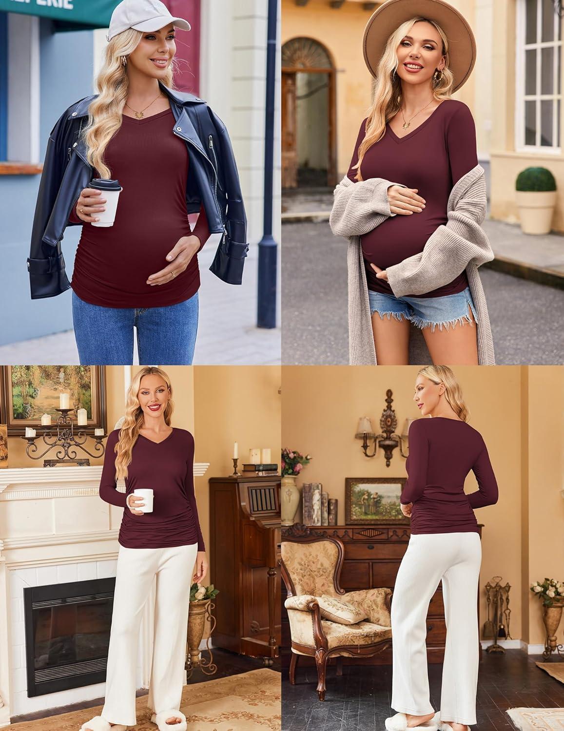 imageEkouaer Womens Maternity Shirts Long Sleeve 3 Packs Pregnancy VNeck Clothes Side Ruched Blouse Tops for Mama SXXLBlackMaroonNavy Blue