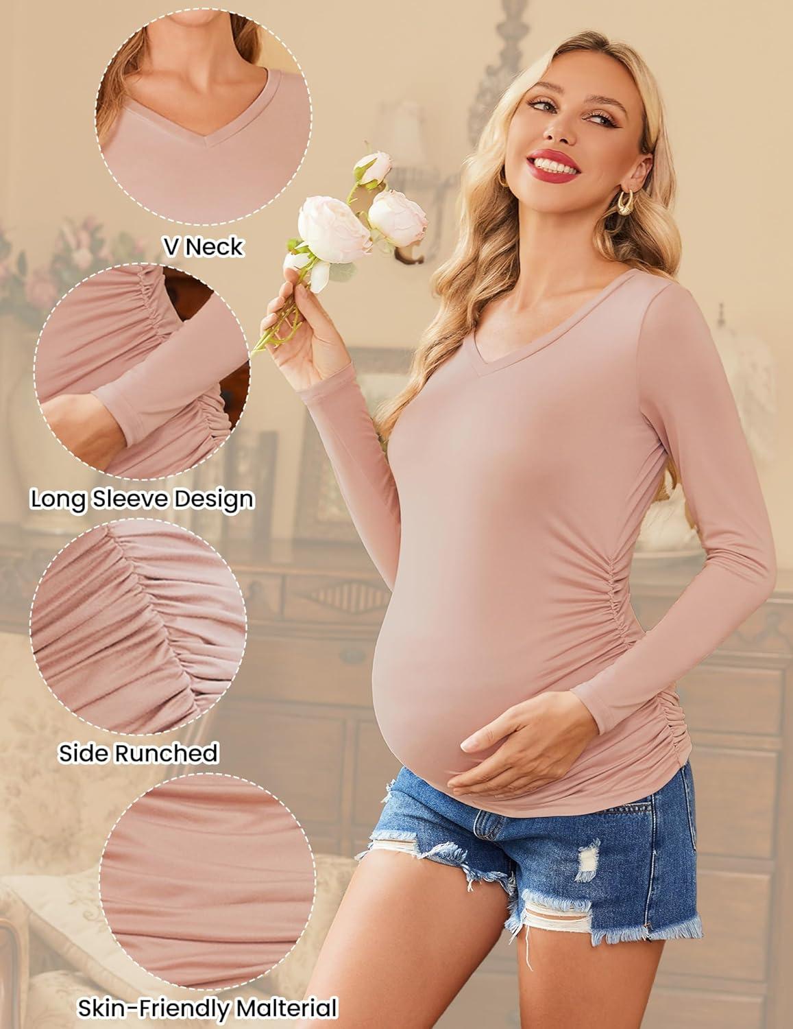 imageEkouaer Womens Maternity Shirts Long Sleeve 3 Packs Pregnancy VNeck Clothes Side Ruched Blouse Tops for Mama SXXLBlackMaroonNavy Blue