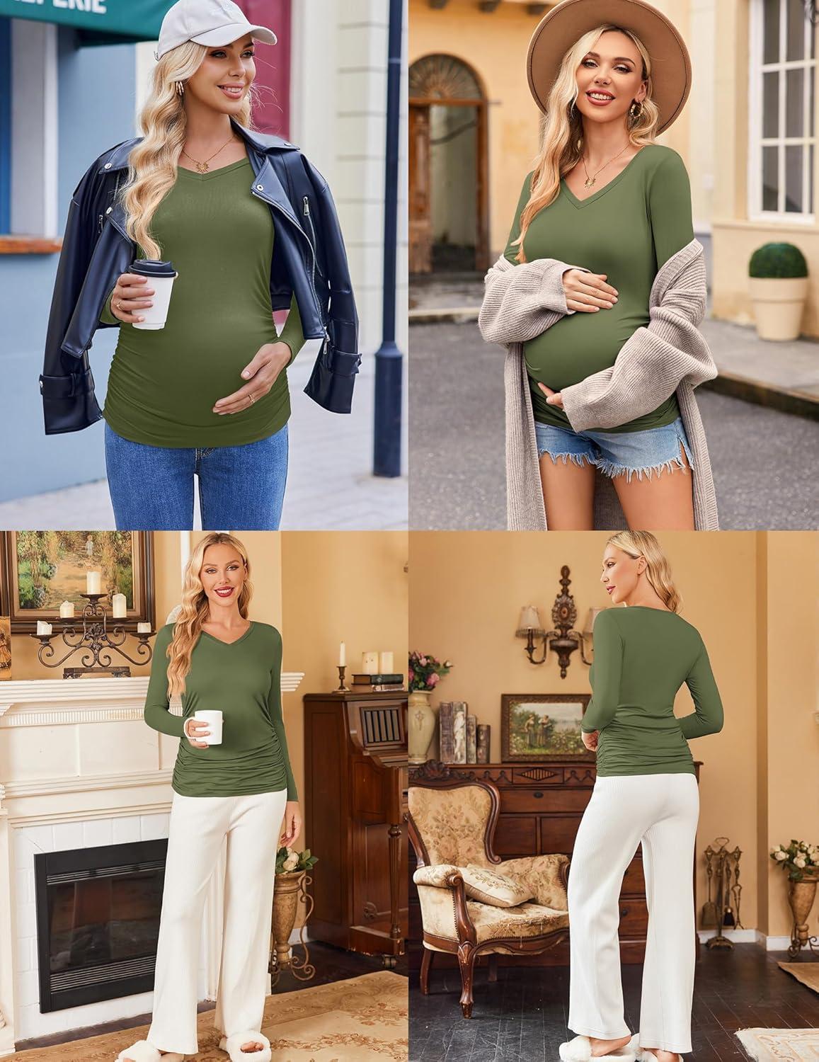 imageEkouaer Womens Maternity Shirts Long Sleeve 3 Packs Pregnancy VNeck Clothes Side Ruched Blouse Tops for Mama SXXLLight GreyBlackArmy Green