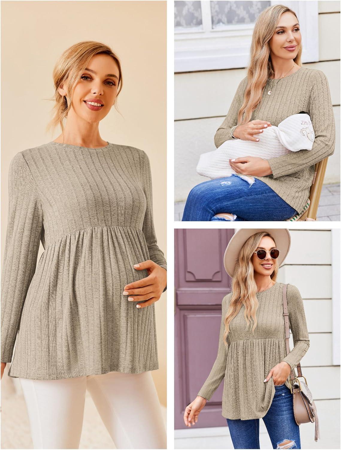 imageEkouaer Womens Maternity Tops Long Sleeve Pregnancy Tunic Blouses Crew Neck Ribbed Shirts Pregnant ClothesMocha Brown