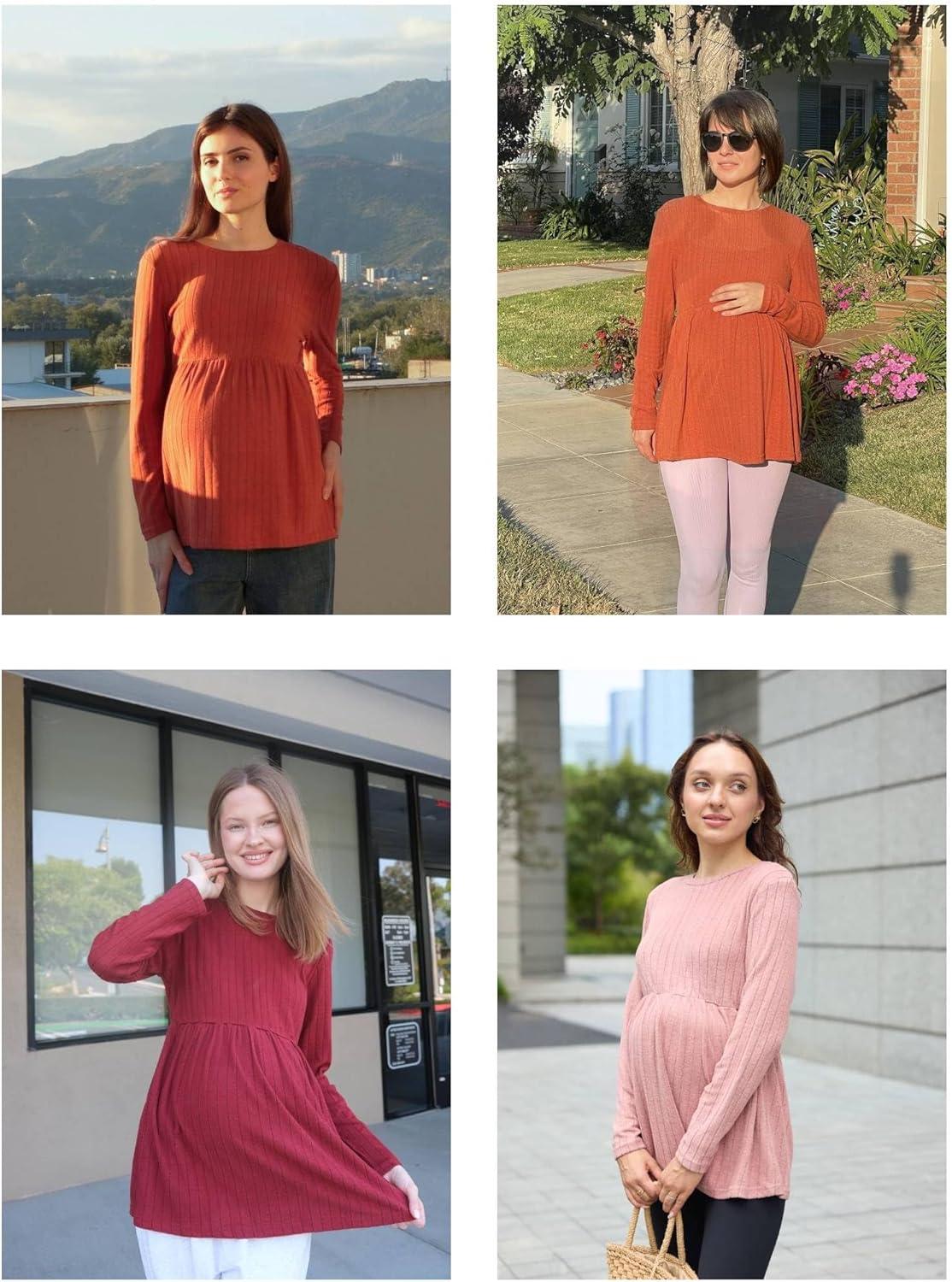 imageEkouaer Womens Maternity Tops Long Sleeve Pregnancy Tunic Blouses Crew Neck Ribbed Shirts Pregnant ClothesMocha Brown