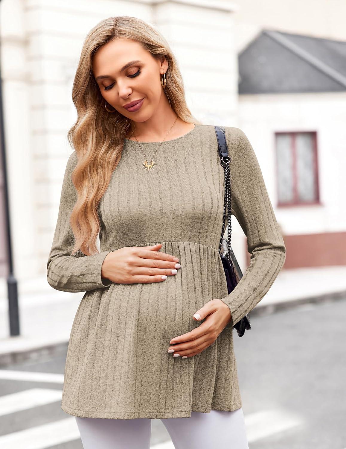 imageEkouaer Womens Maternity Tops Long Sleeve Pregnancy Tunic Blouses Crew Neck Ribbed Shirts Pregnant ClothesMocha Brown