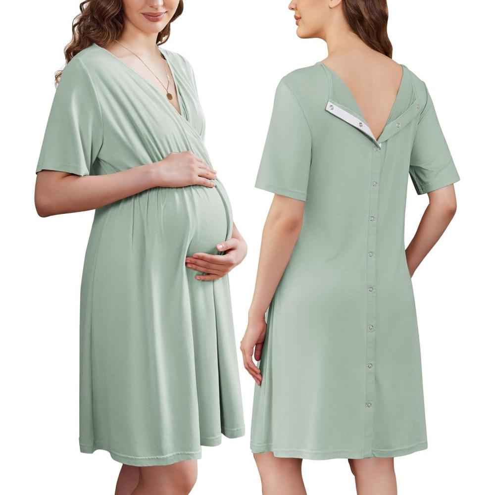 imageEkouaer Labor and Delivery Gown for Hospital Short Sleeve Maternity Nursing Dress Nightgown with Button SXXLCeladon Green