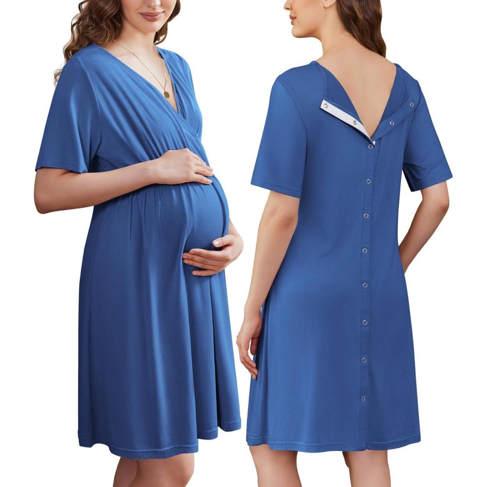 imageEkouaer Labor and Delivery Gown for Hospital Short Sleeve Maternity Nursing Dress Nightgown with Button SXXLGrey Blue