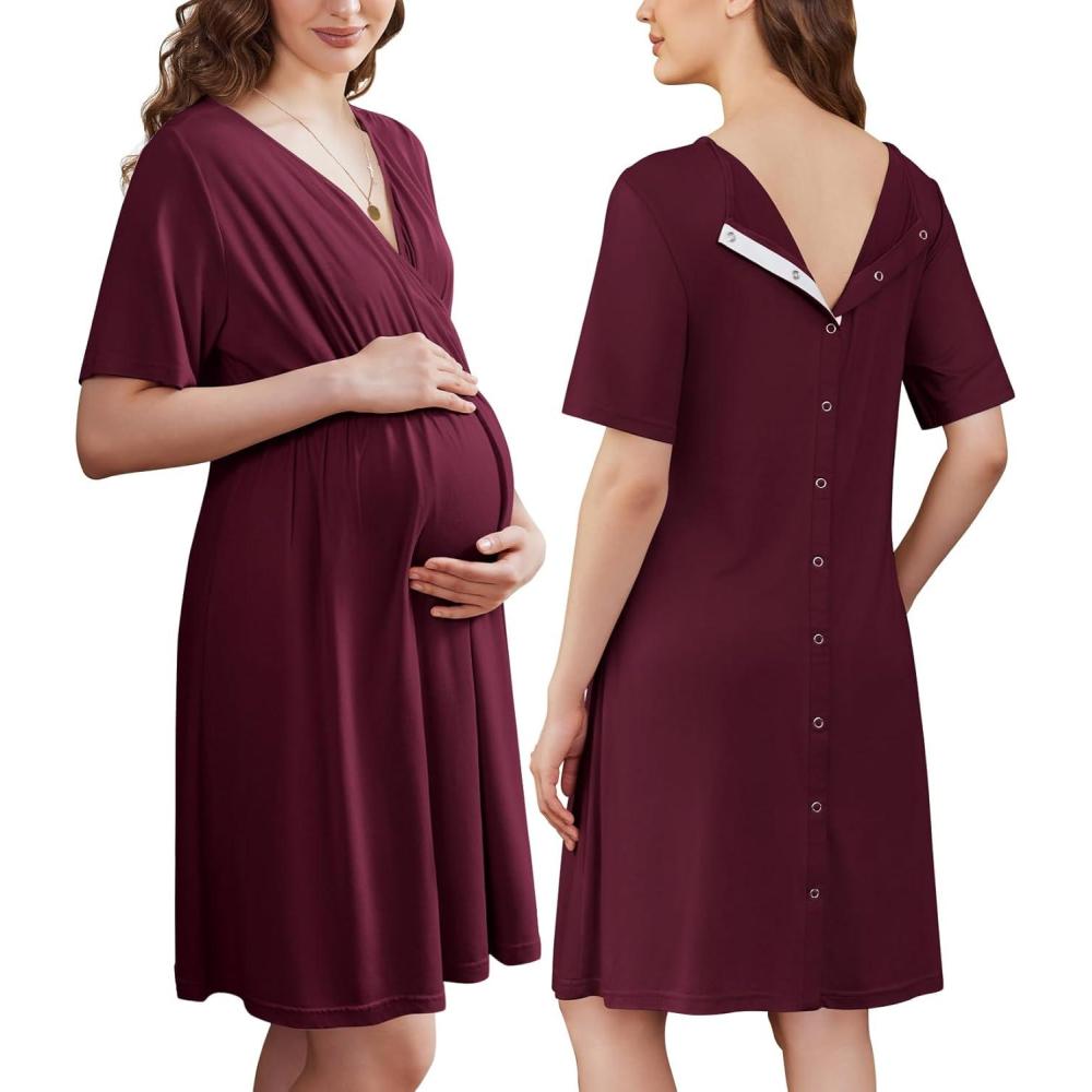 imageEkouaer Labor and Delivery Gown for Hospital Short Sleeve Maternity Nursing Dress Nightgown with Button SXXLMaroon