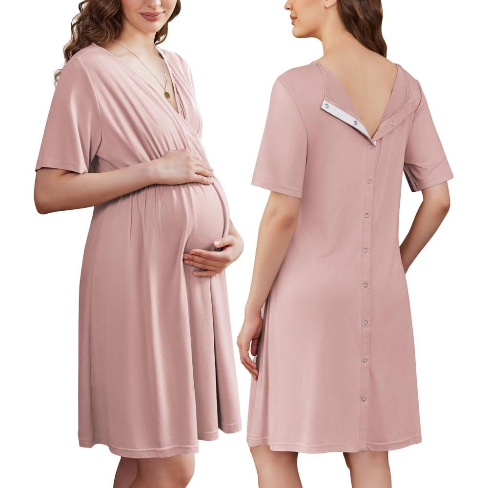 imageEkouaer Labor and Delivery Gown for Hospital Short Sleeve Maternity Nursing Dress Nightgown with Button SXXLMauve