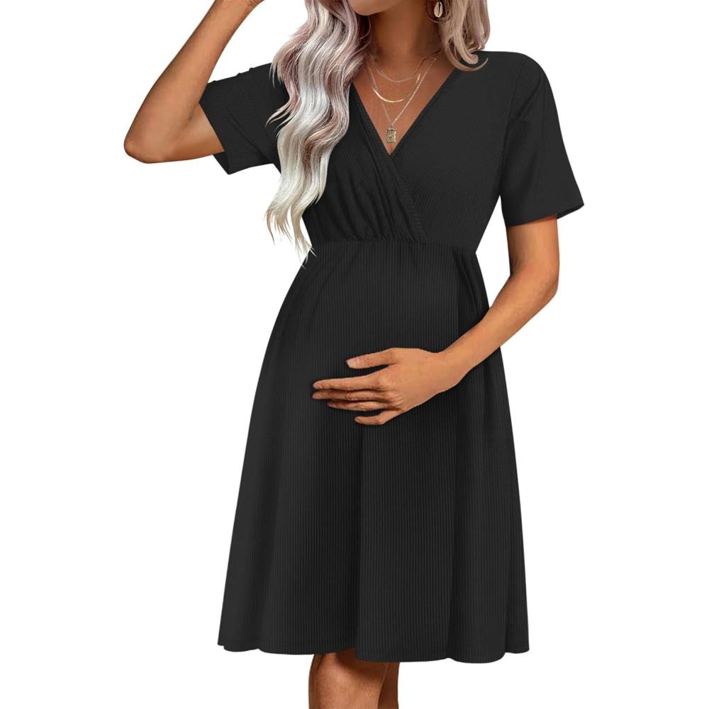 imageEkouaer Maternity Nursing Dress V Neck Short Sleeve Breastfeeding Dresses Ribbed Knit Pregnancy Clothes SXXLBlack