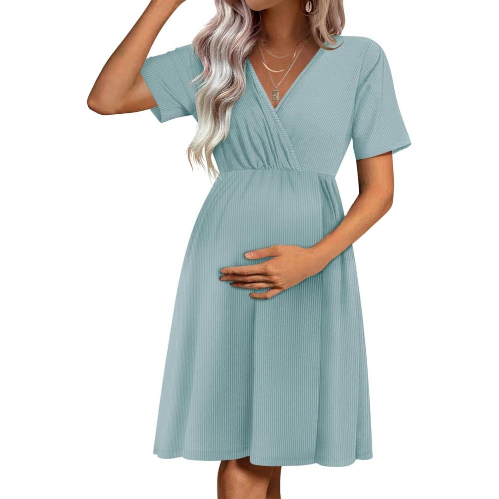imageEkouaer Maternity Nursing Dress V Neck Short Sleeve Breastfeeding Dresses Ribbed Knit Pregnancy Clothes SXXLCeladon Green