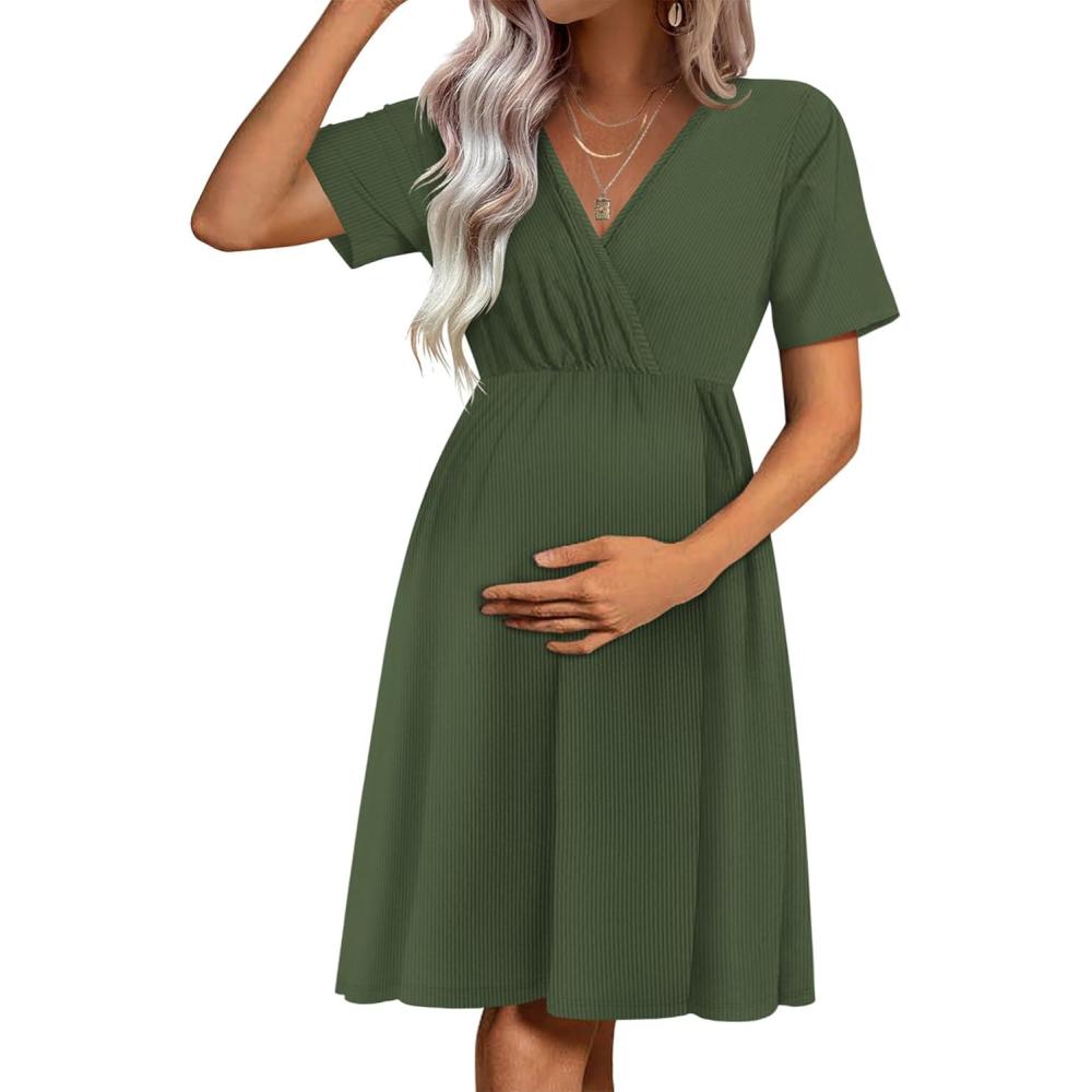 imageEkouaer Maternity Nursing Dress V Neck Short Sleeve Breastfeeding Dresses Ribbed Knit Pregnancy Clothes SXXLDark Green