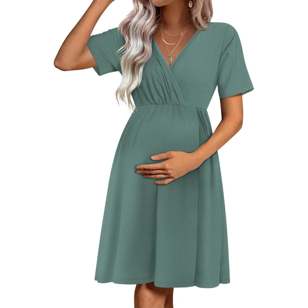 imageEkouaer Maternity Nursing Dress V Neck Short Sleeve Breastfeeding Dresses Ribbed Knit Pregnancy Clothes SXXLGreen