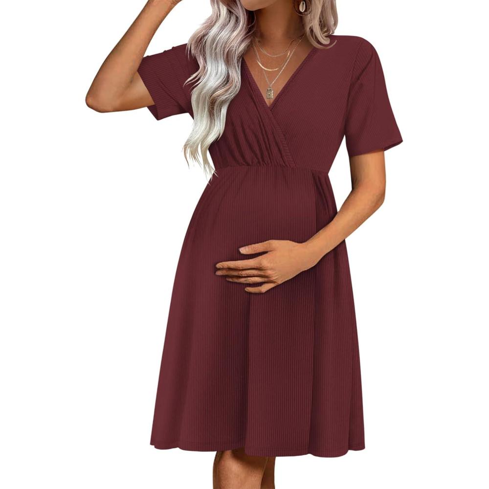 imageEkouaer Maternity Nursing Dress V Neck Short Sleeve Breastfeeding Dresses Ribbed Knit Pregnancy Clothes SXXLMaroon