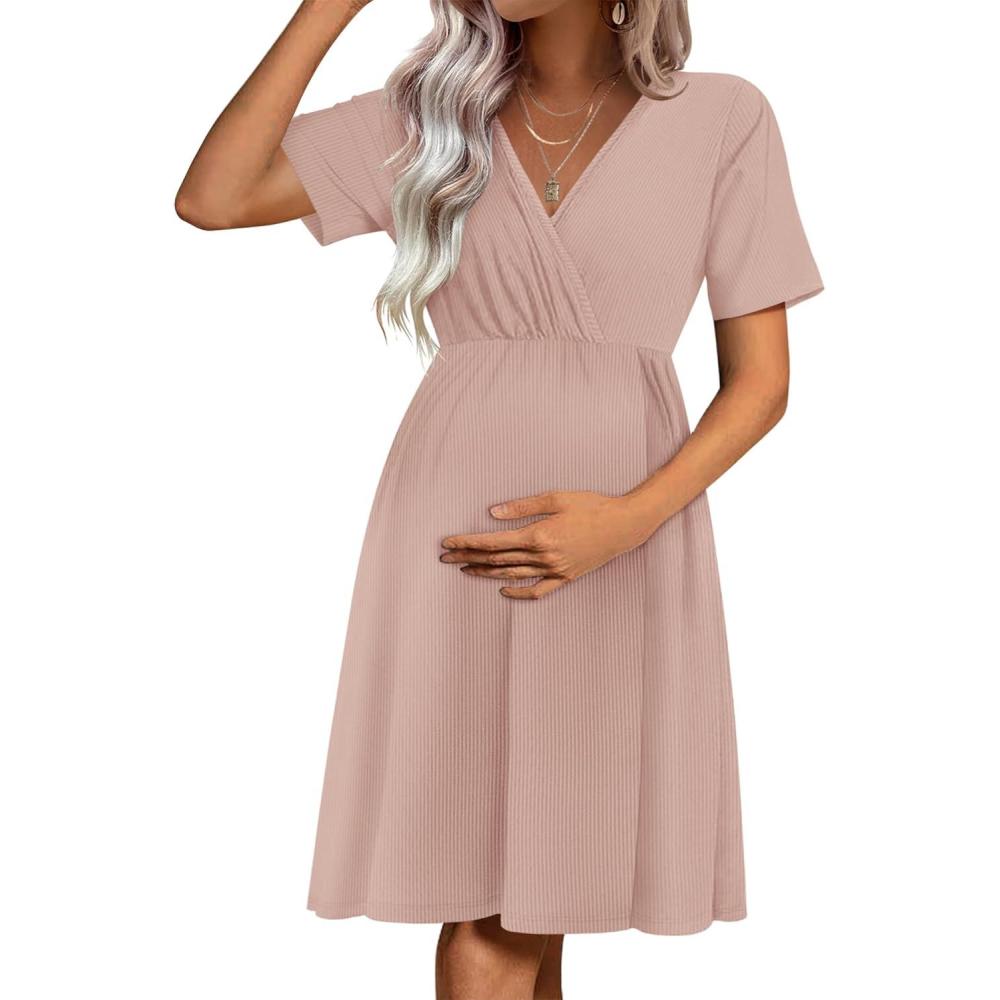 imageEkouaer Maternity Nursing Dress V Neck Short Sleeve Breastfeeding Dresses Ribbed Knit Pregnancy Clothes SXXLMauve