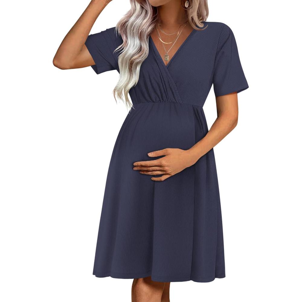 imageEkouaer Maternity Nursing Dress V Neck Short Sleeve Breastfeeding Dresses Ribbed Knit Pregnancy Clothes SXXLNavy Blue