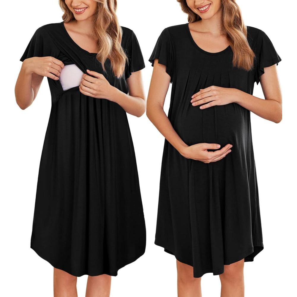 imageEkouaer Nursing Nightgown Labor and Delivery Gown Hospital Breastfeeding Dress for Women Short Sleeve Maternity SleepwearBlack