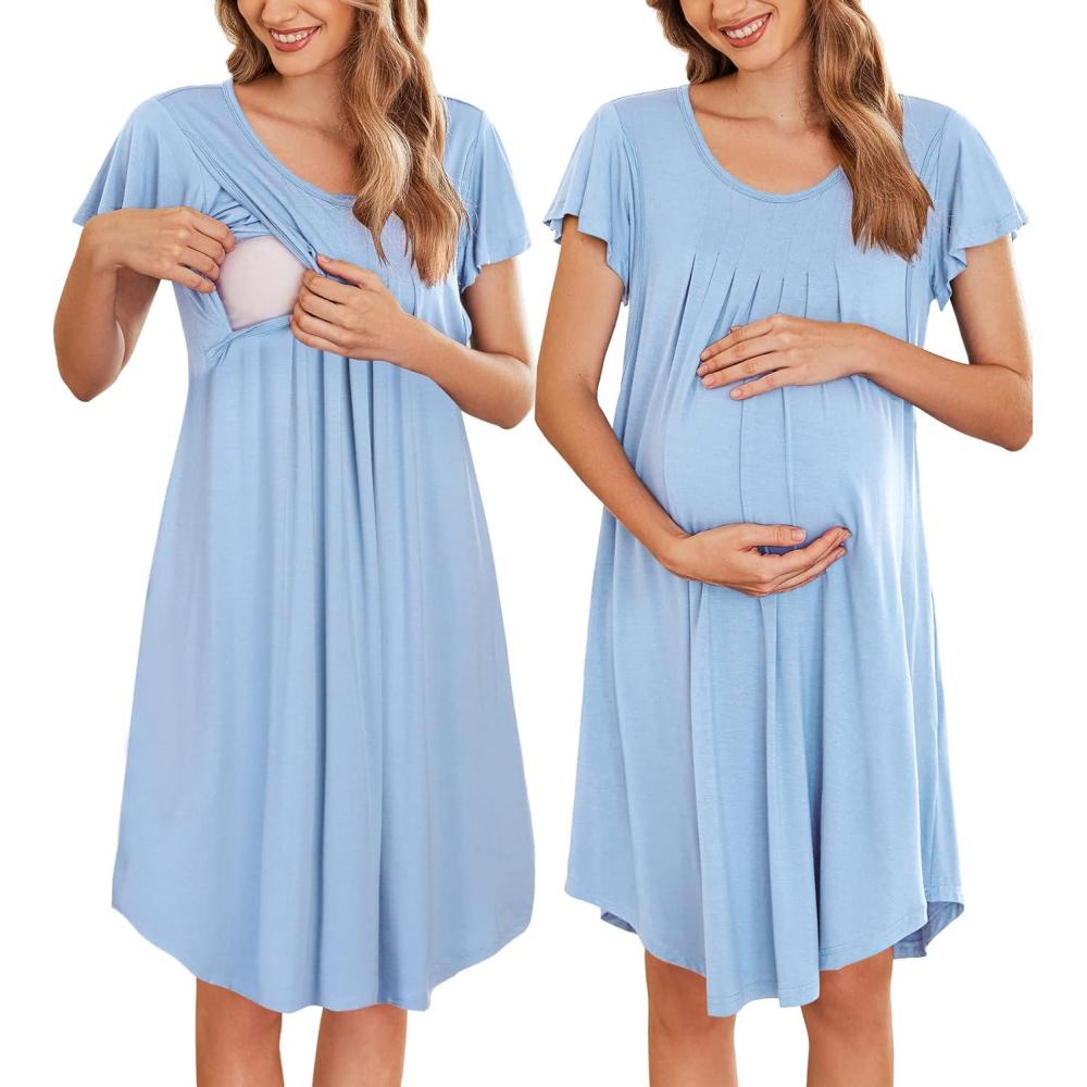 imageEkouaer Nursing Nightgown Labor and Delivery Gown Hospital Breastfeeding Dress for Women Short Sleeve Maternity SleepwearBlue