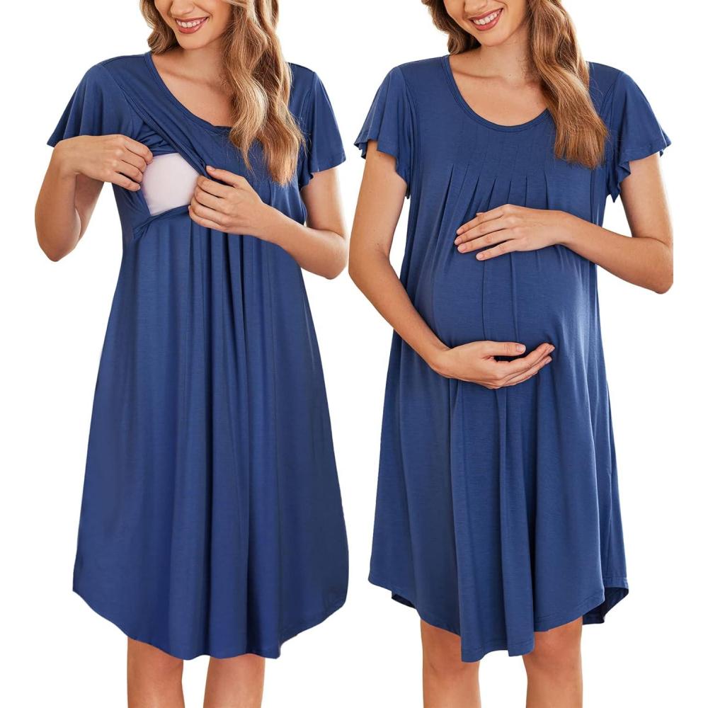 imageEkouaer Nursing Nightgown Labor and Delivery Gown Hospital Breastfeeding Dress for Women Short Sleeve Maternity SleepwearNavy Blue