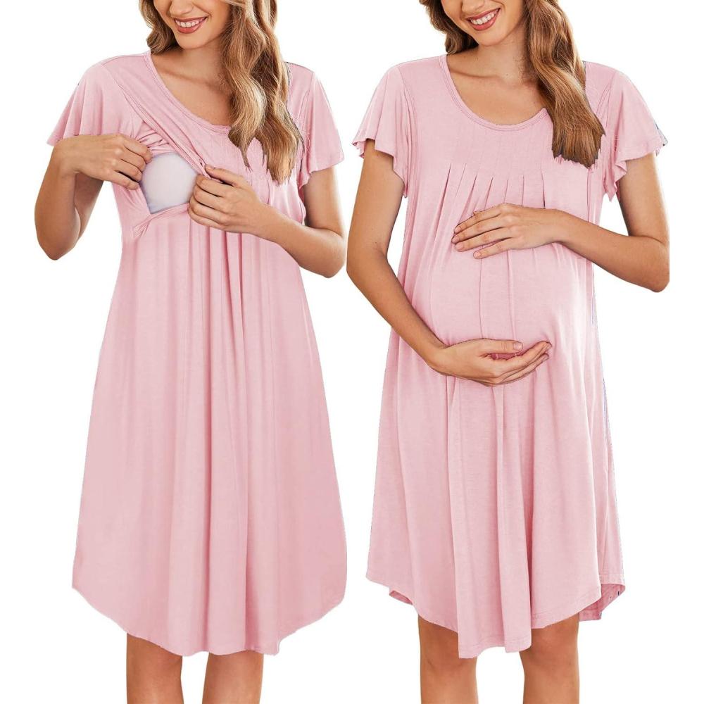 imageEkouaer Nursing Nightgown Labor and Delivery Gown Hospital Breastfeeding Dress for Women Short Sleeve Maternity SleepwearPink