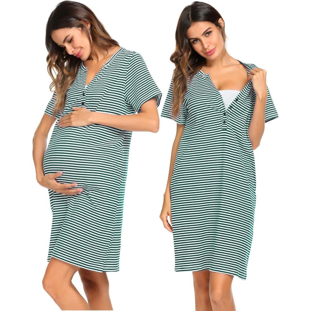 imageEkouaer Nursing Nightgown Striped Women Short Sleeve Breastfeeding Sleep Dress Maternity DeliveryLabor GownDark Green