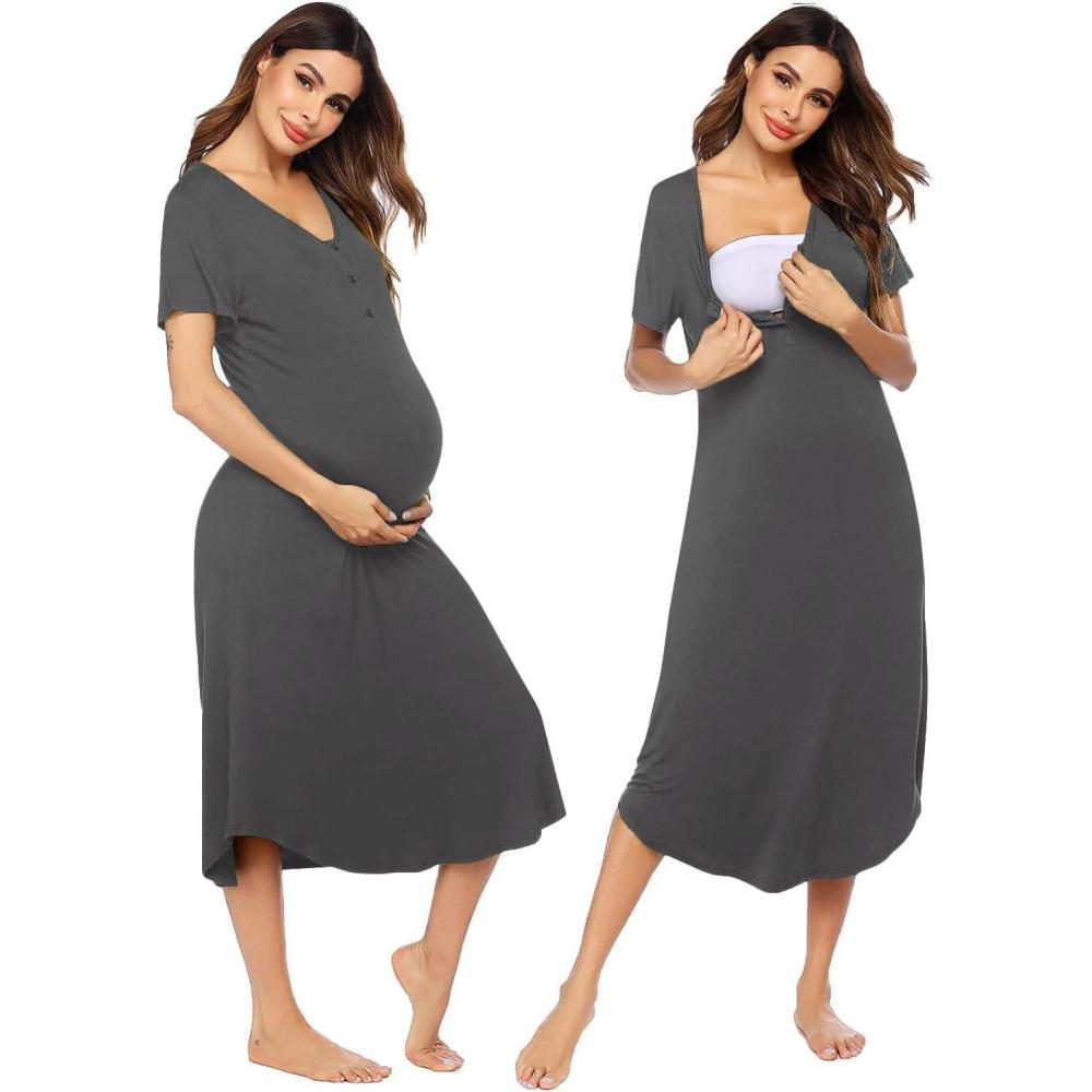 imageEkouaer Womens Maternity Nightgown for Hospital Pregnancy Long Nightgowns Nursing Night Gown for BreastfeedingDark Grey