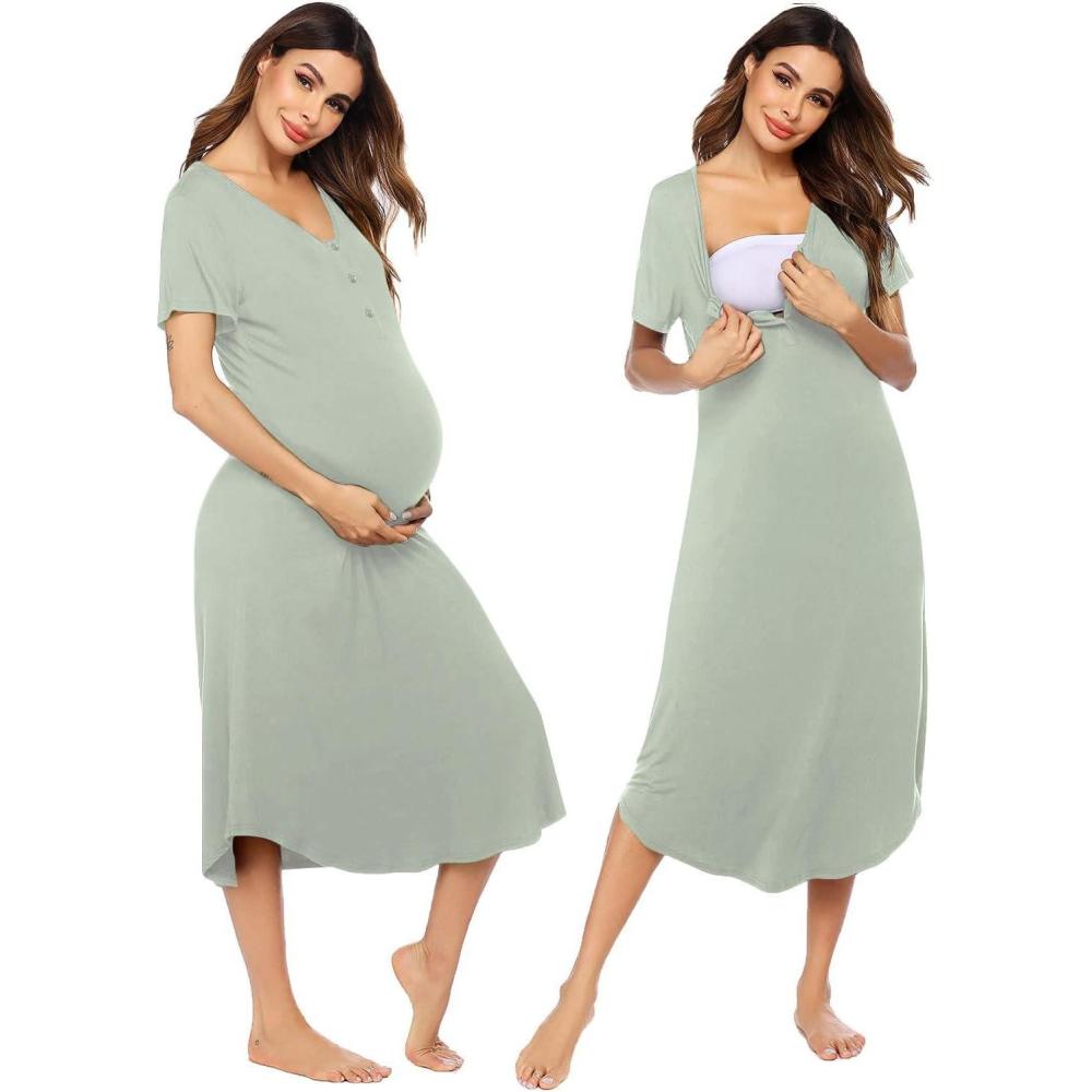 imageEkouaer Womens Maternity Nightgown for Hospital Pregnancy Long Nightgowns Nursing Night Gown for BreastfeedingSage Green