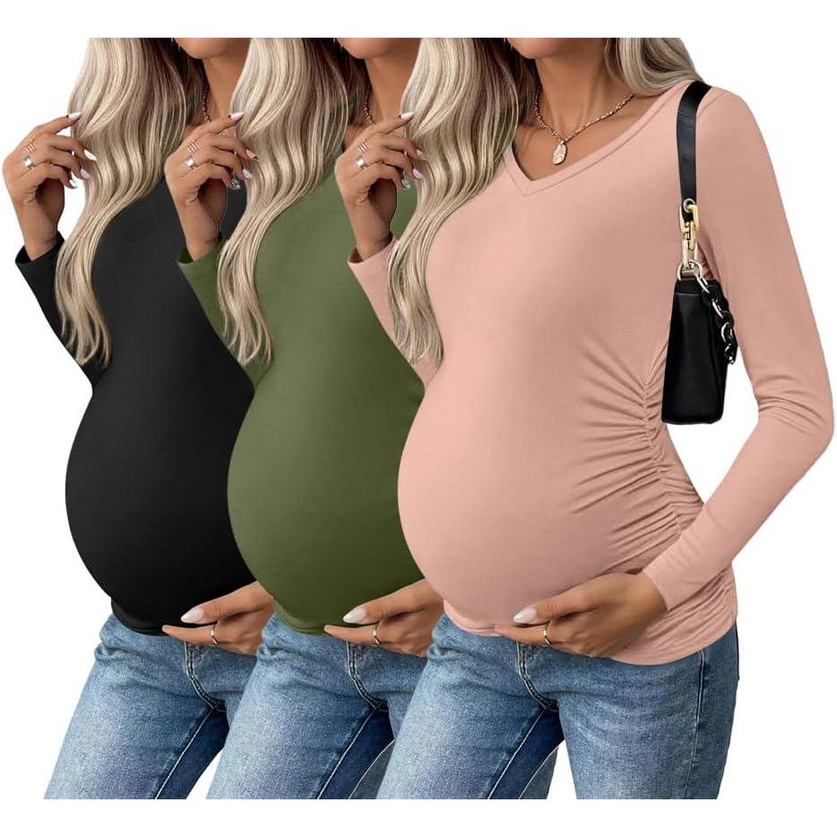 imageEkouaer Womens Maternity Shirts Long Sleeve 3 Packs Pregnancy VNeck Clothes Side Ruched Blouse Tops for Mama SXXLBlackArmy GreenDirty Pink