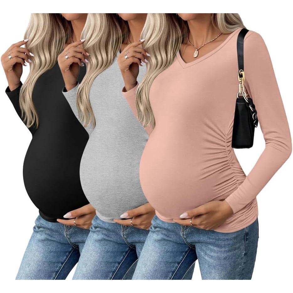 imageEkouaer Womens Maternity Shirts Long Sleeve 3 Packs Pregnancy VNeck Clothes Side Ruched Blouse Tops for Mama SXXLBlackLight GreyDirty Pink
