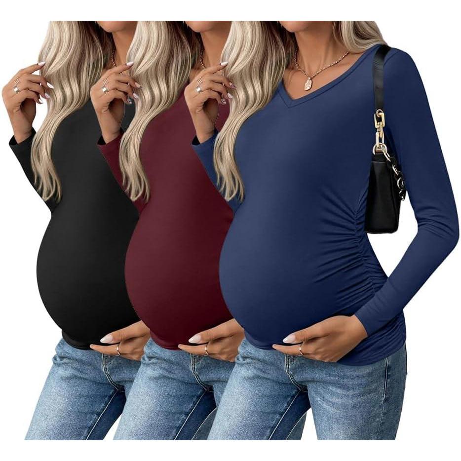 imageEkouaer Womens Maternity Shirts Long Sleeve 3 Packs Pregnancy VNeck Clothes Side Ruched Blouse Tops for Mama SXXLBlackMaroonNavy Blue
