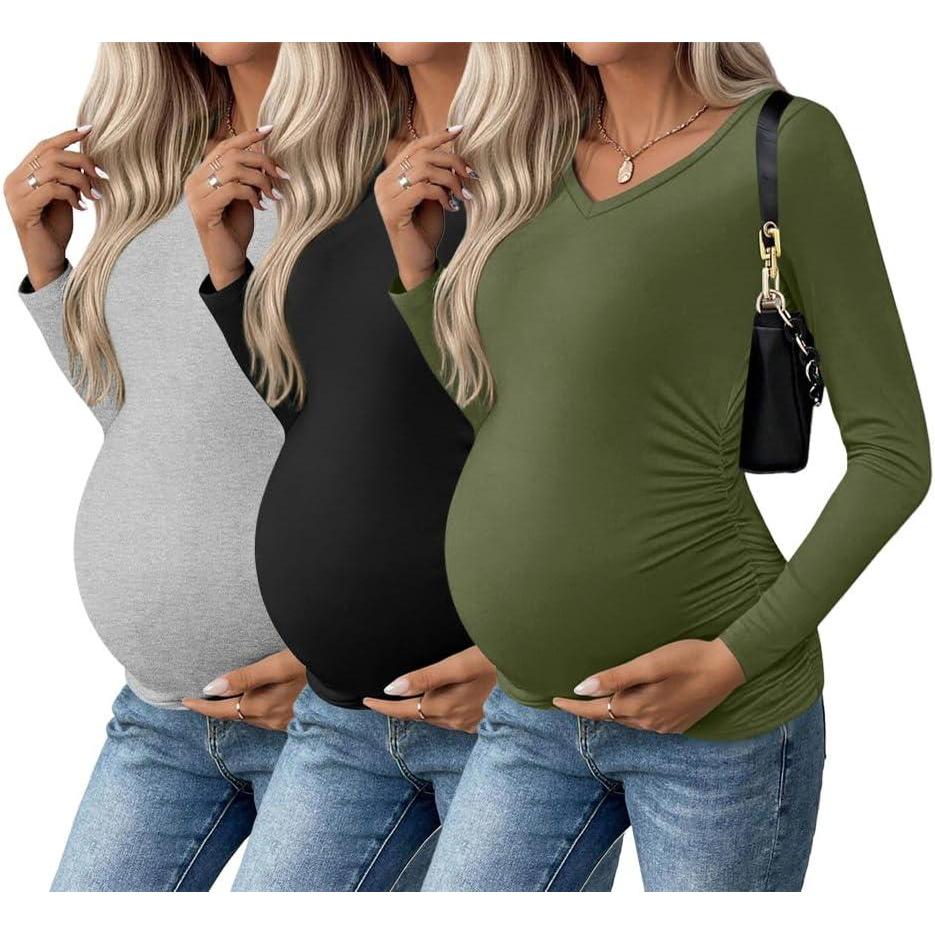 imageEkouaer Womens Maternity Shirts Long Sleeve 3 Packs Pregnancy VNeck Clothes Side Ruched Blouse Tops for Mama SXXLLight GreyBlackArmy Green