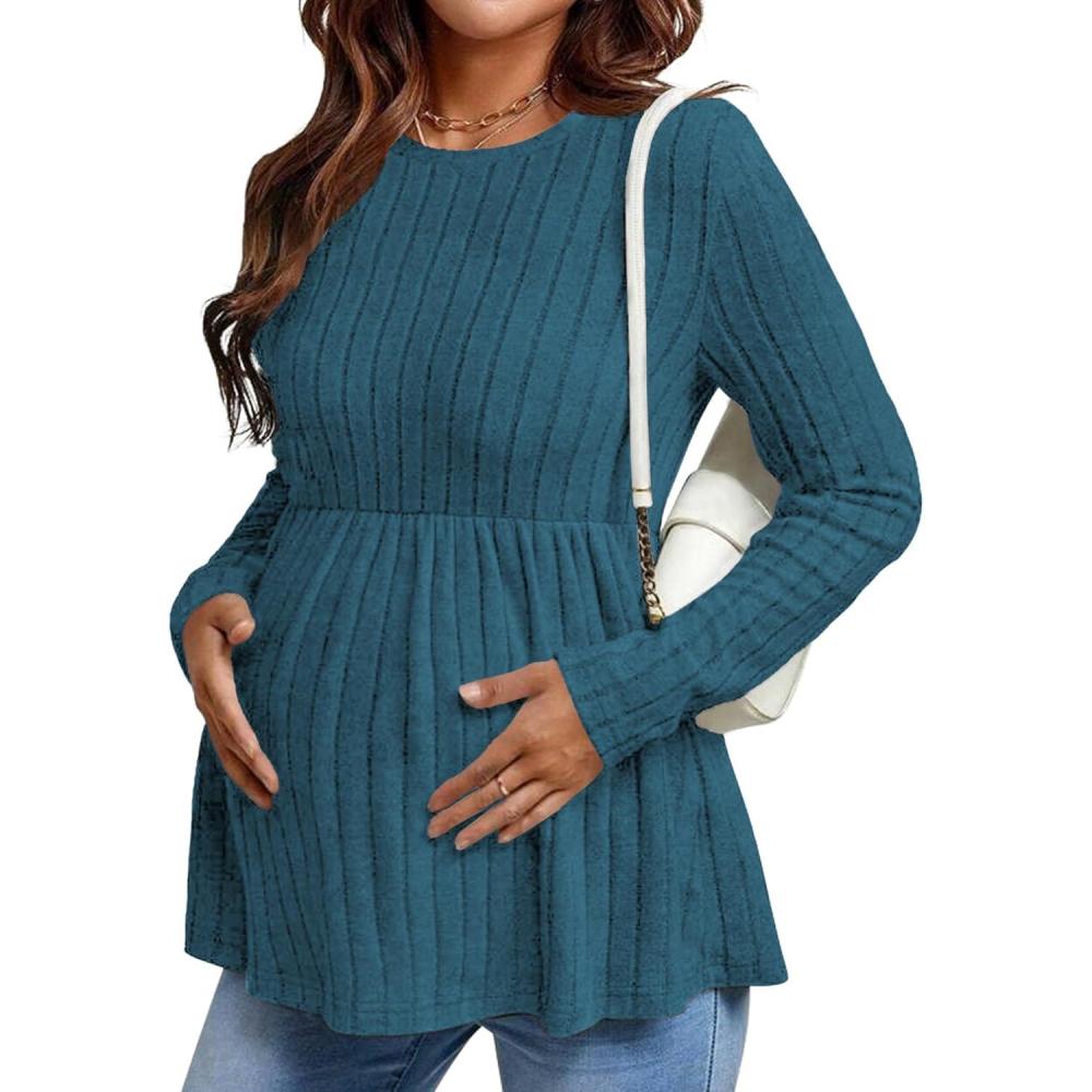 imageEkouaer Womens Maternity Tops Long Sleeve Pregnancy Tunic Blouses Crew Neck Ribbed Shirts Pregnant ClothesBlue