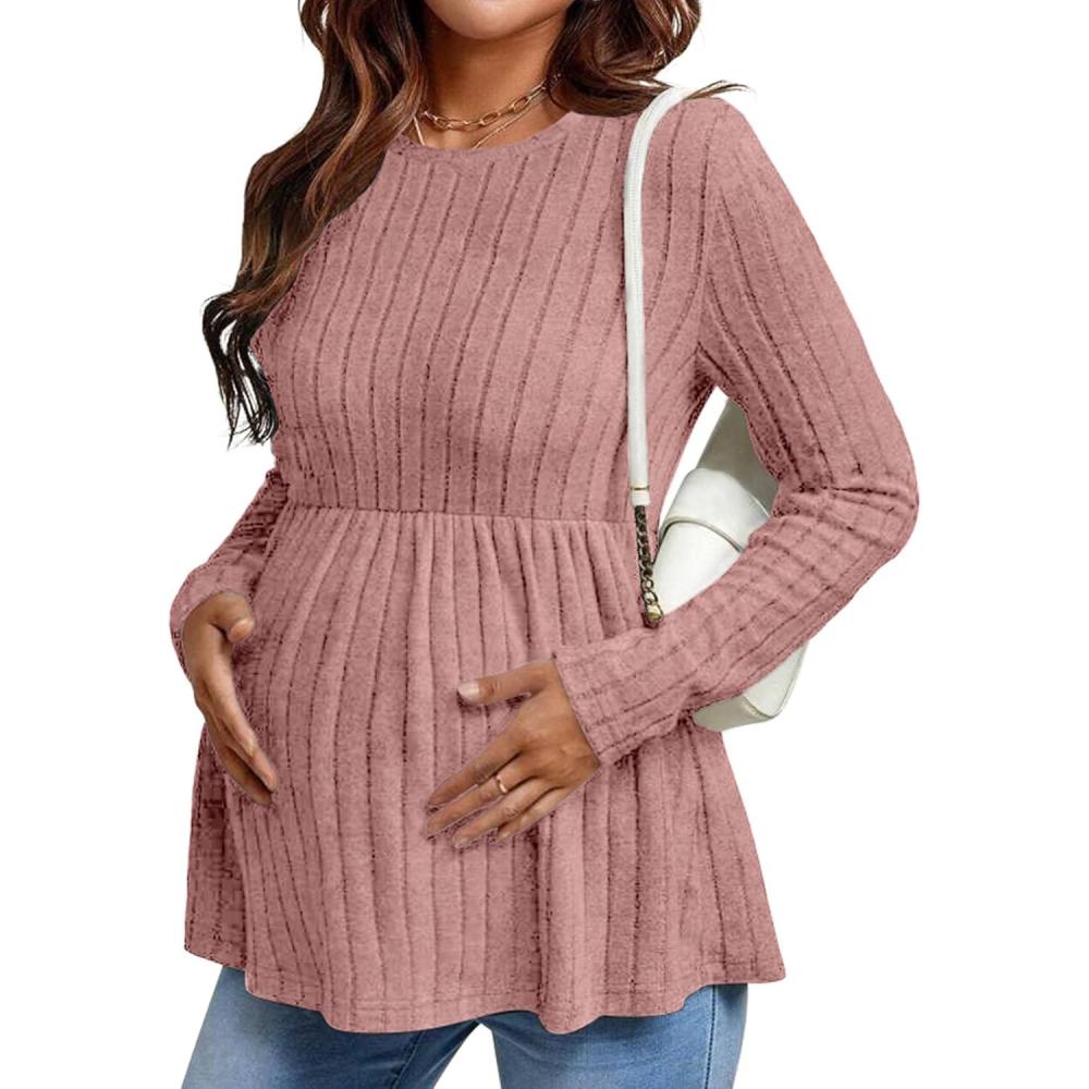 imageEkouaer Womens Maternity Tops Long Sleeve Pregnancy Tunic Blouses Crew Neck Ribbed Shirts Pregnant ClothesBlush Pink