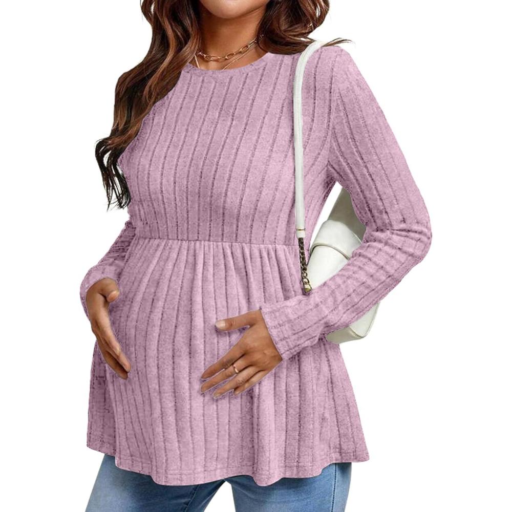 imageEkouaer Womens Maternity Tops Long Sleeve Pregnancy Tunic Blouses Crew Neck Ribbed Shirts Pregnant ClothesDark Pink