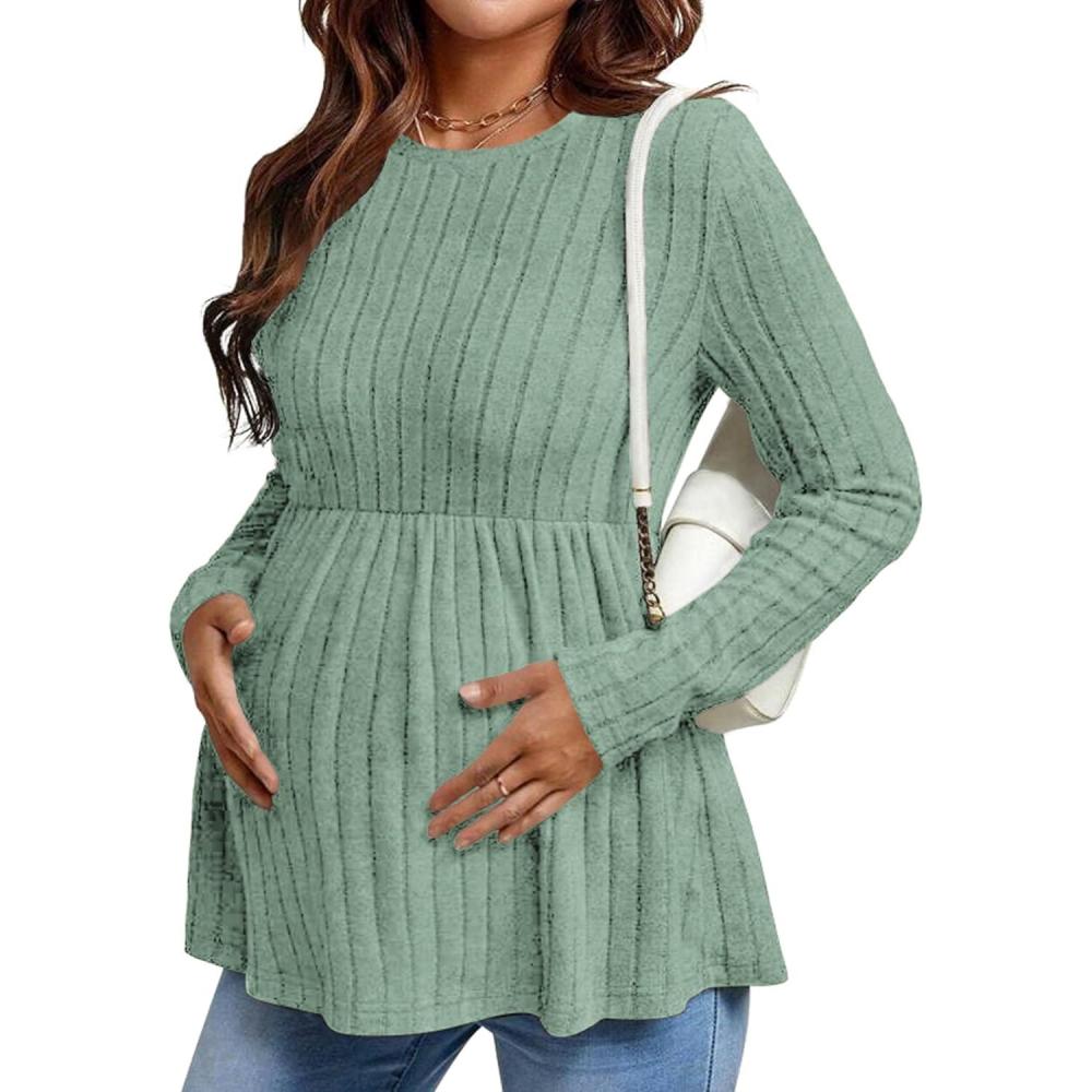 imageEkouaer Womens Maternity Tops Long Sleeve Pregnancy Tunic Blouses Crew Neck Ribbed Shirts Pregnant ClothesLight Green