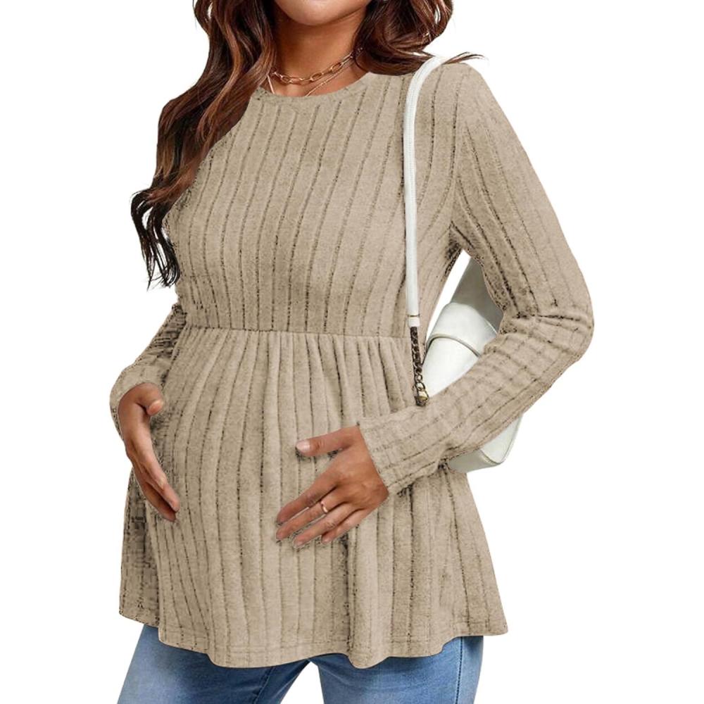 imageEkouaer Womens Maternity Tops Long Sleeve Pregnancy Tunic Blouses Crew Neck Ribbed Shirts Pregnant ClothesMocha Brown