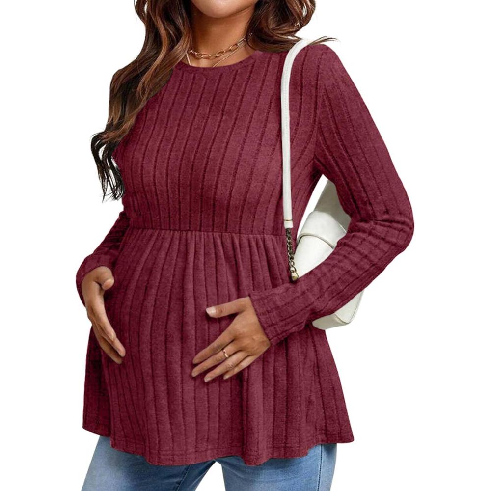 imageEkouaer Womens Maternity Tops Long Sleeve Pregnancy Tunic Blouses Crew Neck Ribbed Shirts Pregnant ClothesWine Red