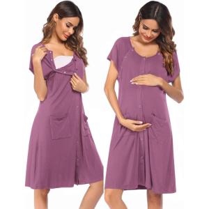 Ekouaer 3 in 1 Labor/Delivery/Hospital Gown Nursing Dress Maternity Nightgown Sleepwear for Breastfeeding with Button S-XXL(Purple Red)