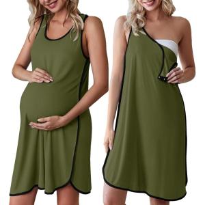 Ekouaer Labor and Delivery Gown for Hospital 3 in 1 Nursing Dress Sleeveless Maternity Snap Button Breastfeeding Nightgown(Army Green)