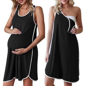 Ekouaer Labor and Delivery Gown for Hospital 3 in 1 Nursing Dress Sleeveless Maternity Snap Button Breastfeeding Nightgown(Black)