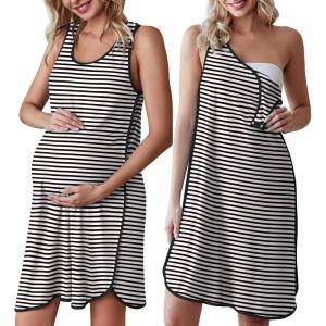Ekouaer Labor and Delivery Gown for Hospital 3 in 1 Nursing Dress Sleeveless Maternity Snap Button Breastfeeding Nightgown(Black Striped-1)