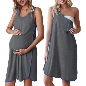 Ekouaer Labor and Delivery Gown for Hospital 3 in 1 Nursing Dress Sleeveless Maternity Snap Button Breastfeeding Nightgown(Grey)