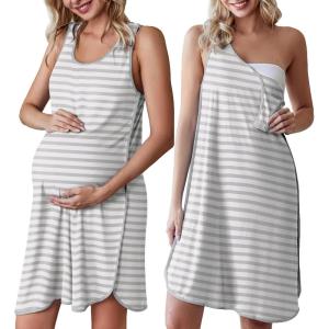Ekouaer Labor and Delivery Gown for Hospital 3 in 1 Nursing Dress Sleeveless Maternity Snap Button Breastfeeding Nightgown(Grey Striped)