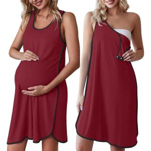 Ekouaer Labor and Delivery Gown for Hospital 3 in 1 Nursing Dress Sleeveless Maternity Snap Button Breastfeeding Nightgown(Wine Red)