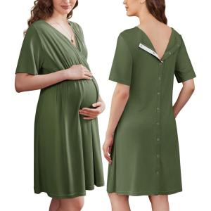 Ekouaer Labor and Delivery Gown for Hospital Short Sleeve Maternity Nursing Dress Nightgown with Button S-XXL(Army Green)