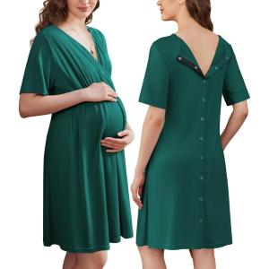 Ekouaer Labor and Delivery Gown for Hospital Short Sleeve Maternity Nursing Dress Nightgown with Button S-XXL(Dark Green)