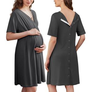 Ekouaer Labor and Delivery Gown for Hospital Short Sleeve Maternity Nursing Dress Nightgown with Button S-XXL(Dark Grey)