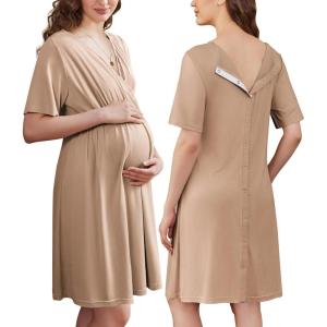 Ekouaer Labor and Delivery Gown for Hospital Short Sleeve Maternity Nursing Dress Nightgown with Button S-XXL(Khaki)
