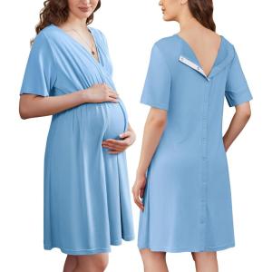 Ekouaer Labor and Delivery Gown for Hospital Short Sleeve Maternity Nursing Dress Nightgown with Button S-XXL(Lake Blue)
