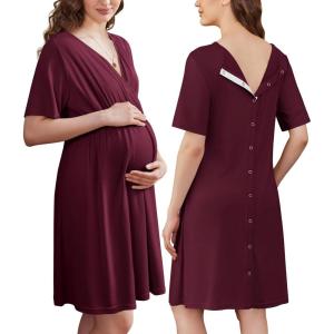 Ekouaer Labor and Delivery Gown for Hospital Short Sleeve Maternity Nursing Dress Nightgown with Button S-XXL(Maroon)