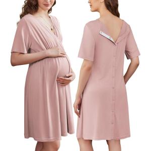 Ekouaer Labor and Delivery Gown for Hospital Short Sleeve Maternity Nursing Dress Nightgown with Button S-XXL(Mauve)