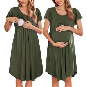 Ekouaer Nursing Nightgown Labor and Delivery Gown Hospital Breastfeeding Dress for Women Short Sleeve Maternity Sleepwear(Army Green)