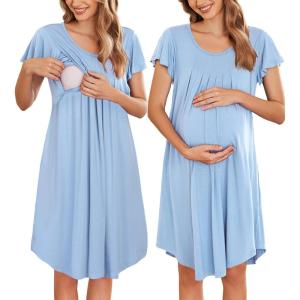 Ekouaer Nursing Nightgown Labor and Delivery Gown Hospital Breastfeeding Dress for Women Short Sleeve Maternity Sleepwear(Blue)